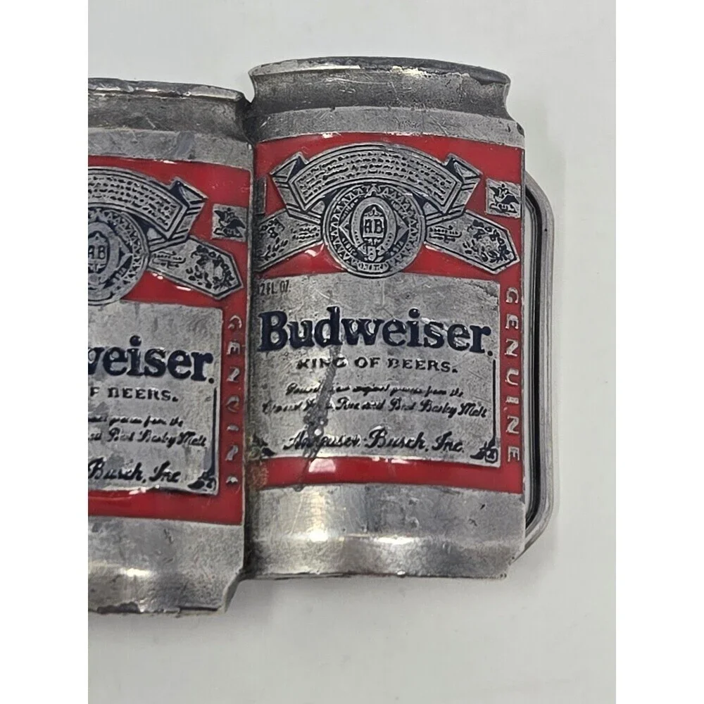 BUDWEISER ANHEUSER-BUSCH VINTAGE METAL BELT BUCKLE BEER CANS PEWTER RED MENS OS